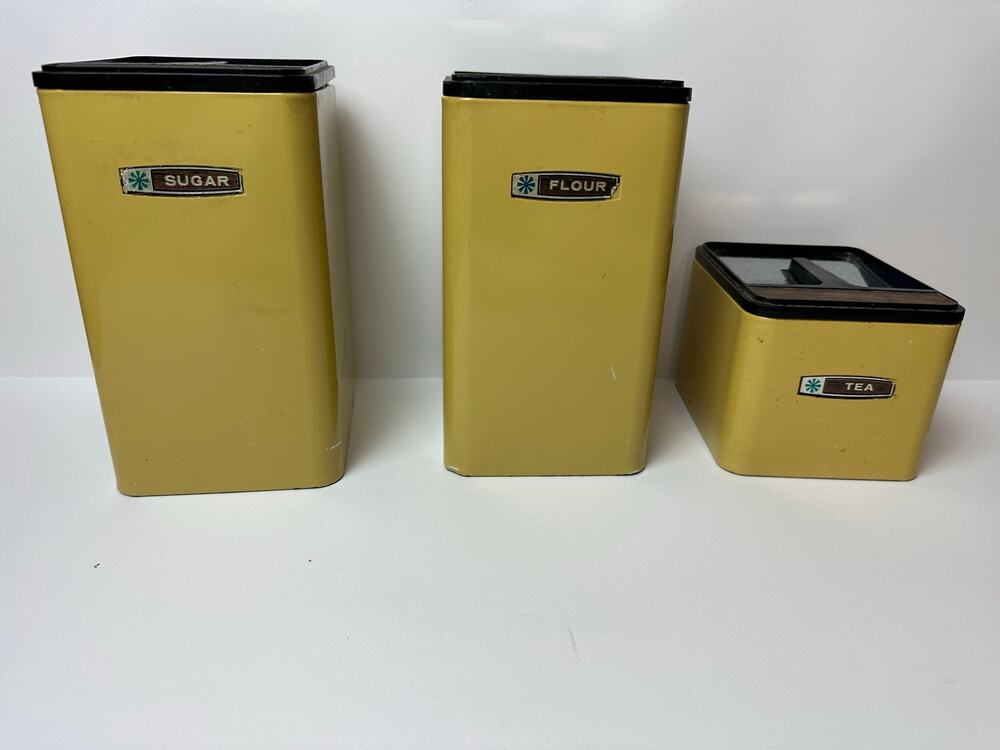 Vintage Masterware Harvest Gold Canister Set 3pc Sugar Flour Tea Made USA Retro